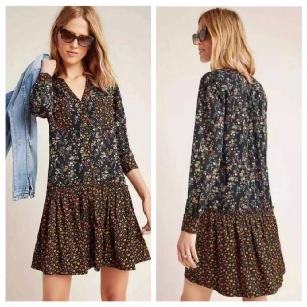 Anthropologie Maeve Women’s Marlie Button-Front Drop Waist Dark Floral Dress 10 - Picture 2 of 9